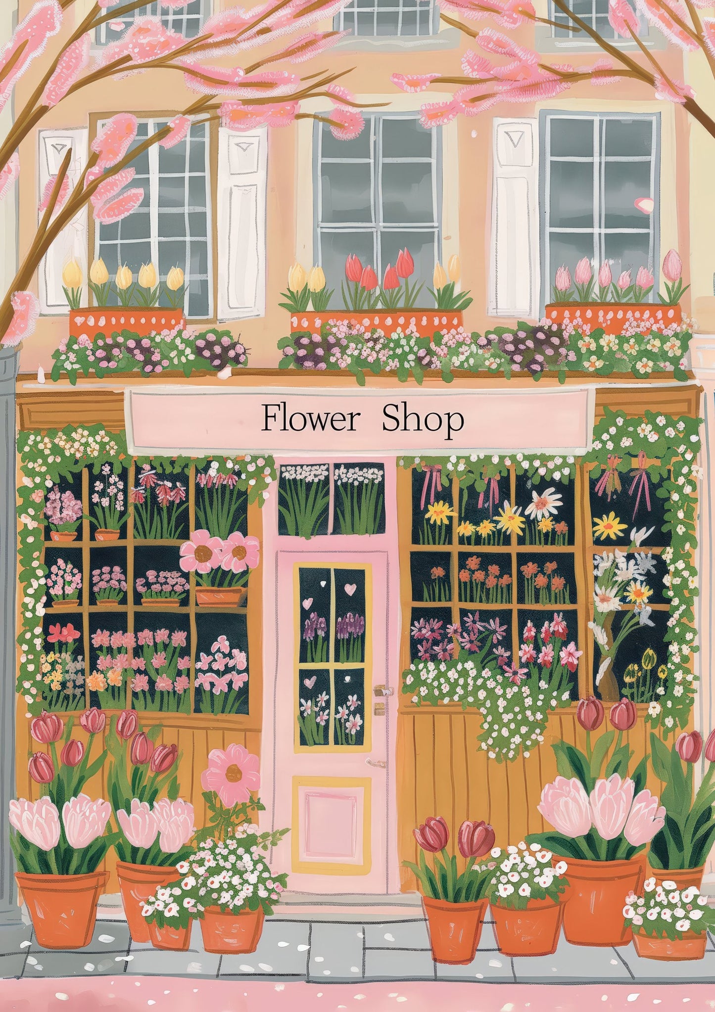 Flower Shop in Spring Print, Charming Street Wall Art