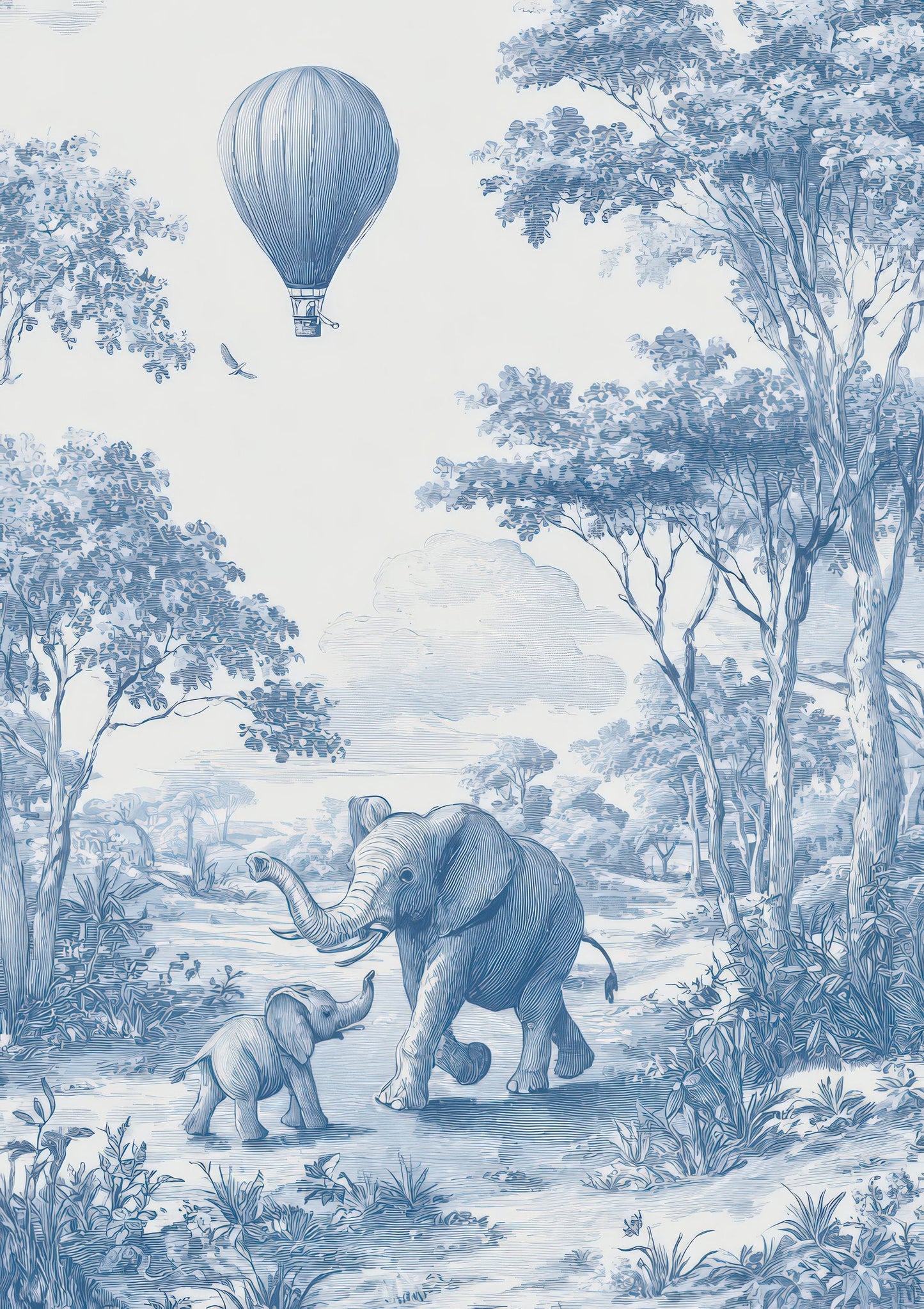 Elephant Toile Print, Blue Nursery Wall Art