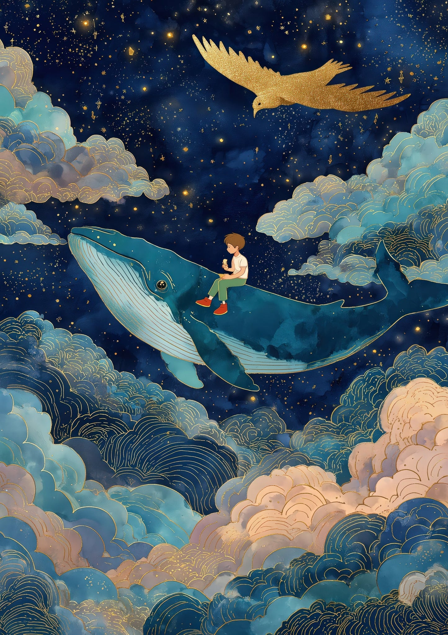 Whale in the Clouds Print, Celestial Nursery Wall Art