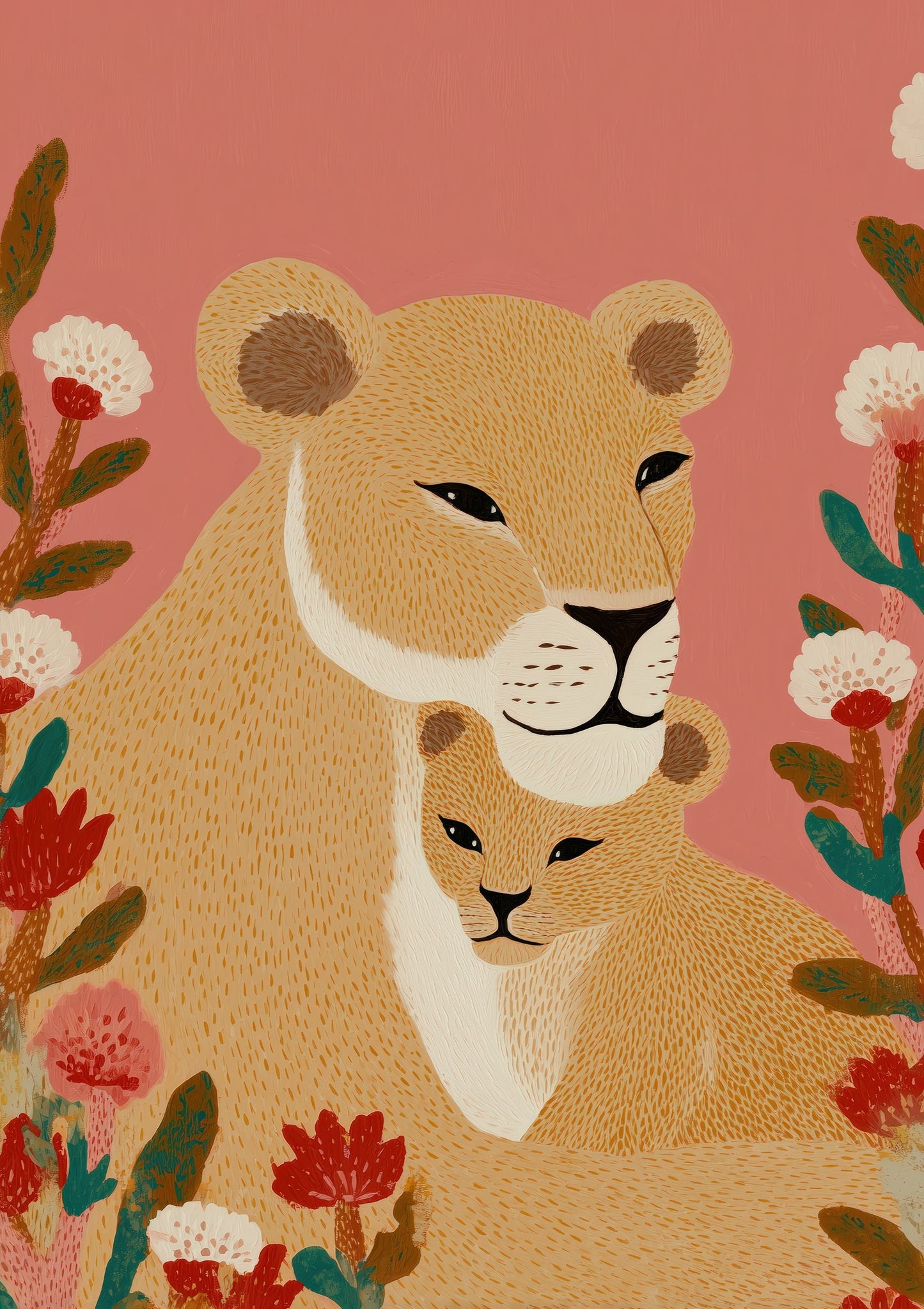 Lioness and Cub Print, Folk Nursery Wall Art