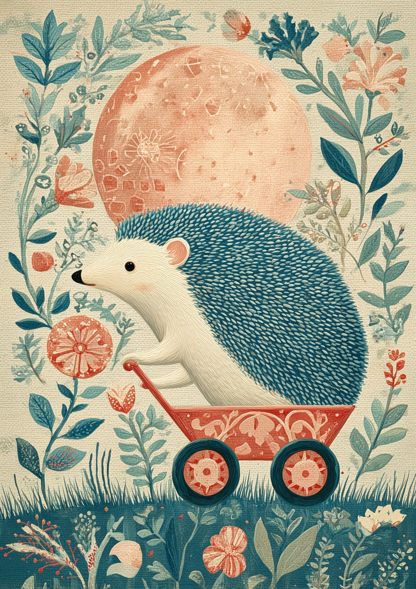 Folk Hedgehog and Moon Print, Nursery Wall Art