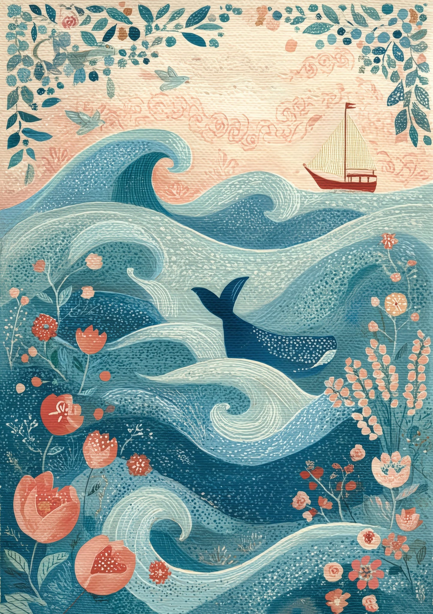 Folk Whale and Waves Print, Coastal Nursery Wall Art