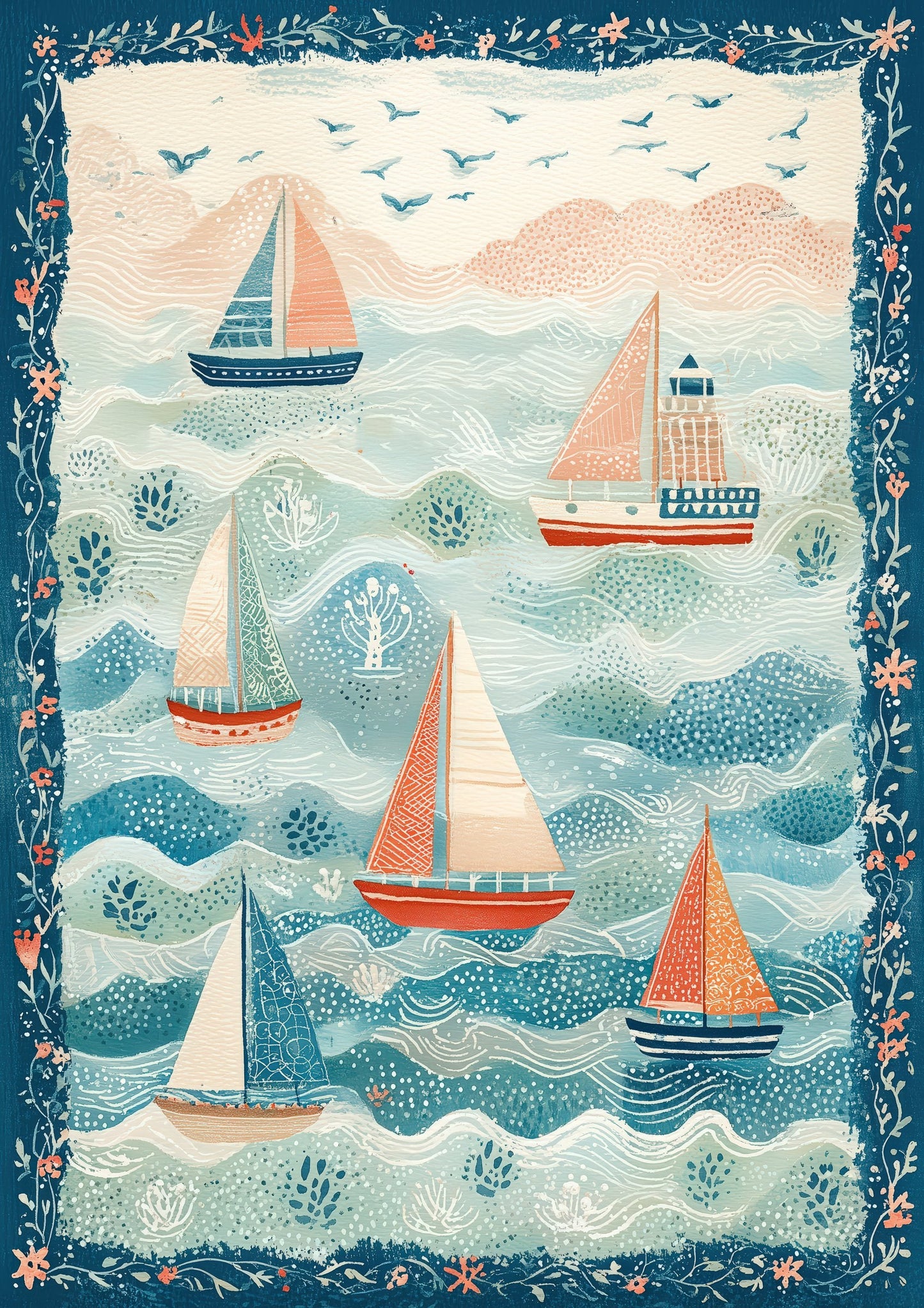 Folk Sailboats Print, Nursery Coastal Wall Art