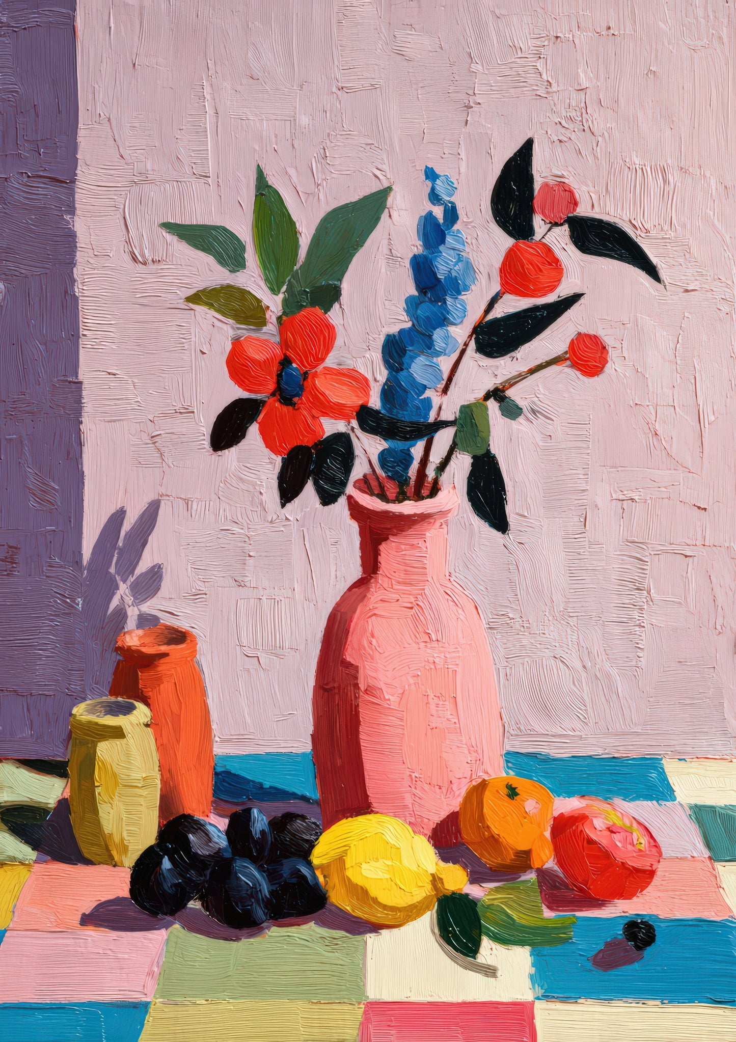 Pink Clay Vase Flowers Print, Folk Floral Wall Art