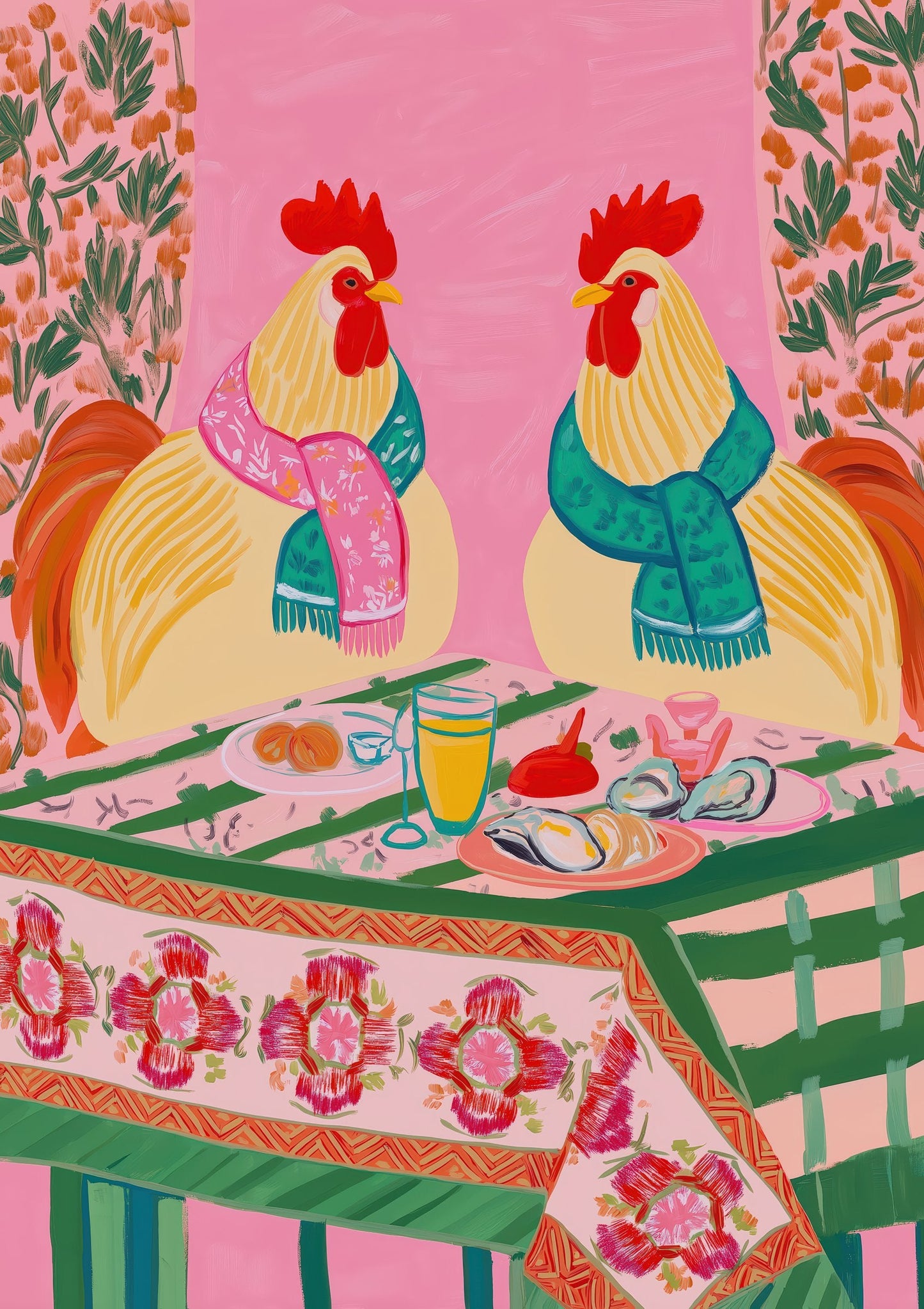 Roosters at Dinner Print, Folk Kitchen Wall Art