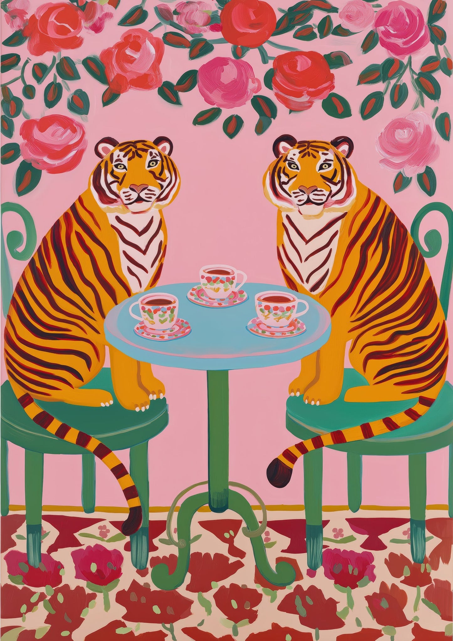 Folk Tigers Print, Bold Symmetrical Animal Wall Art