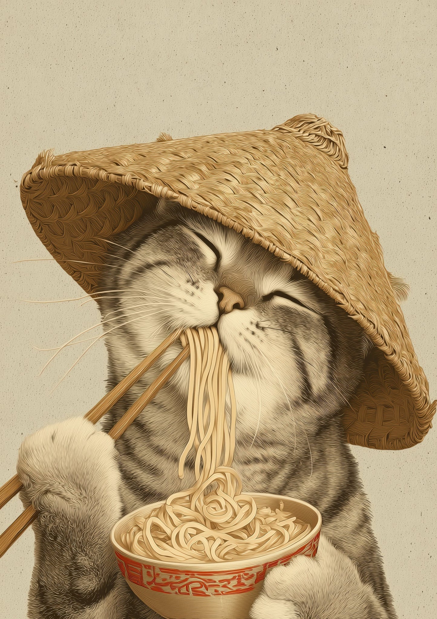 Cat in a Straw Hat Print, Whimsical Animal Wall Art