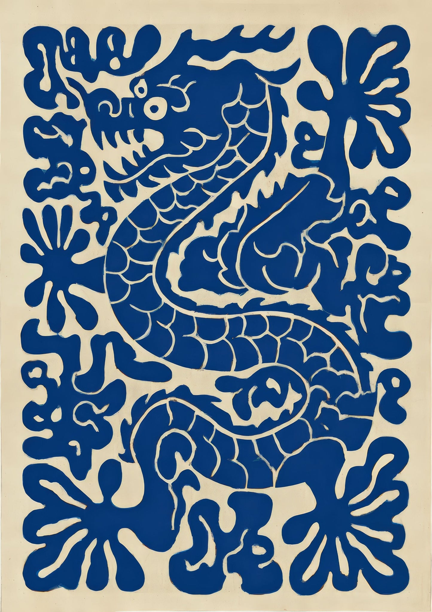 Matisse Style Dragon Print, Blue Cut-Out Wall Art
