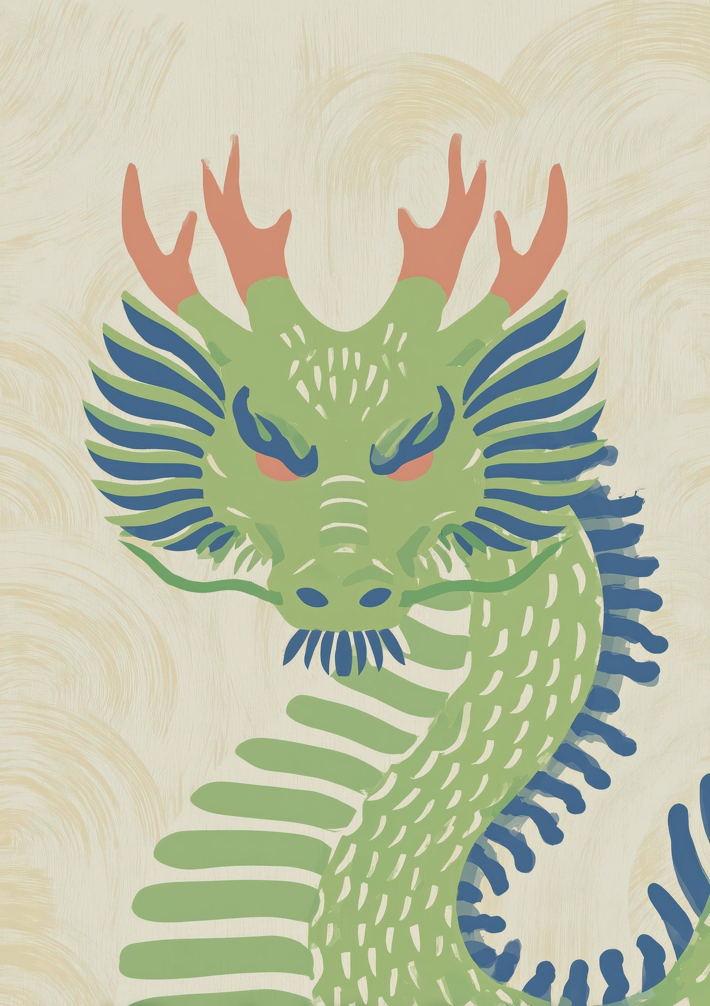 Green Dragon Print, Folk Oriental Wall Art