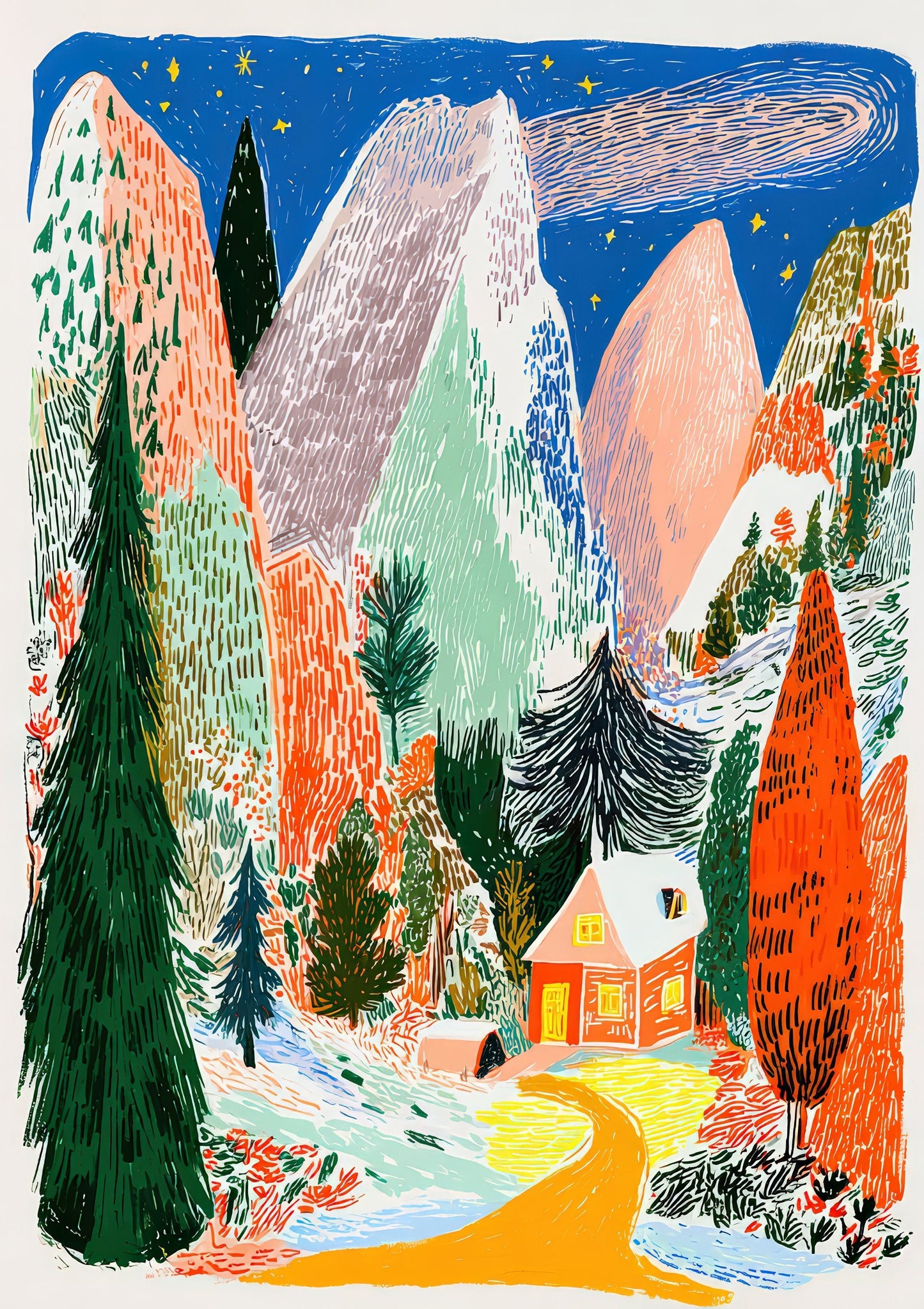 Goose in the Mountains Print, Folk Landscape Wall Art
