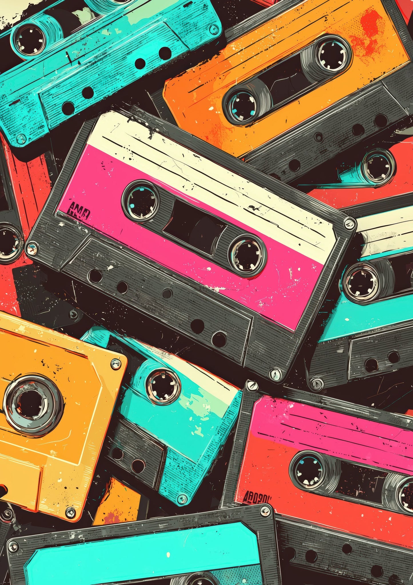 Retro Cassette Tapes Print, Colourful Music Wall Art