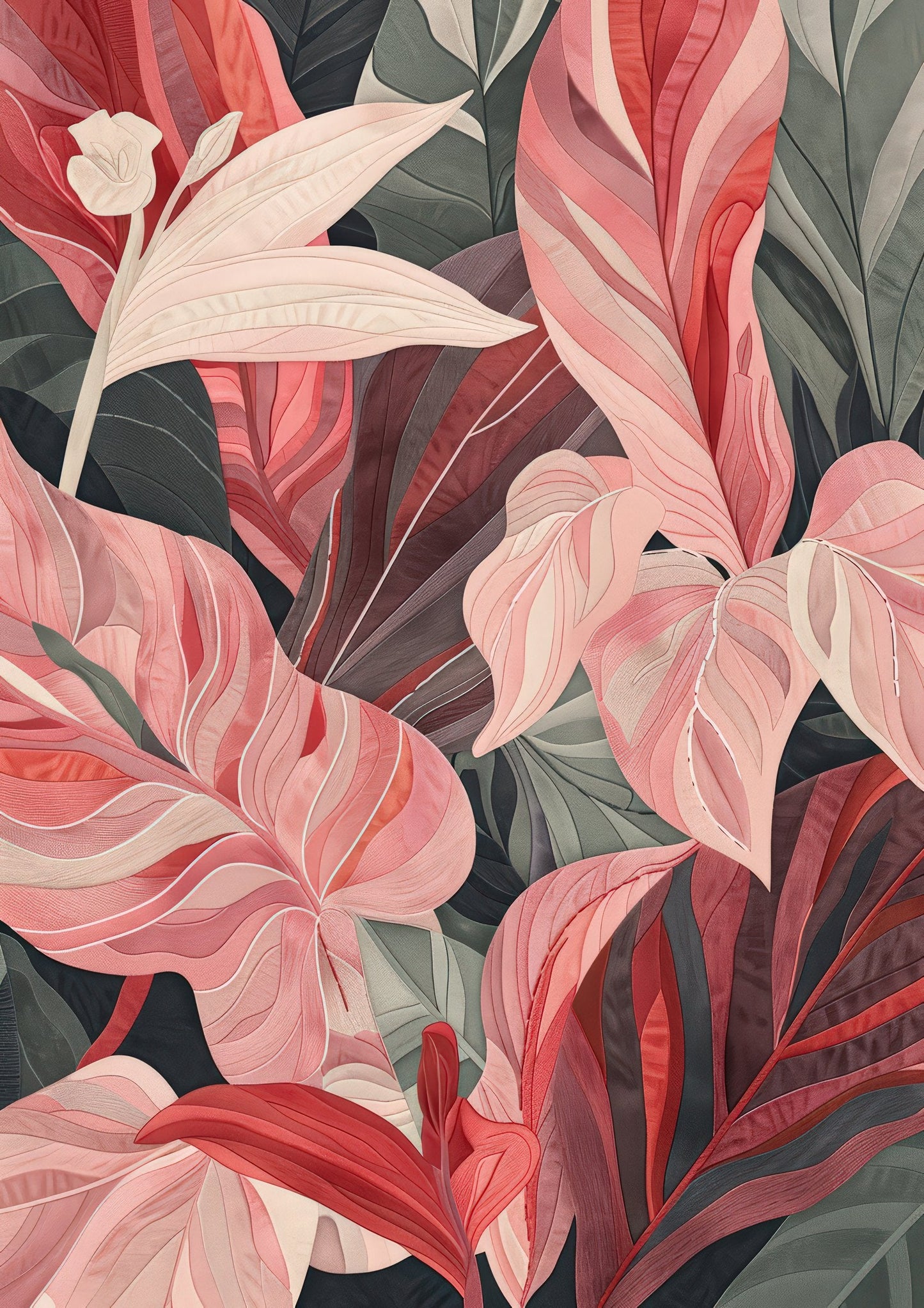 Pink Tropical Leaves Print, Botanical Wall Art