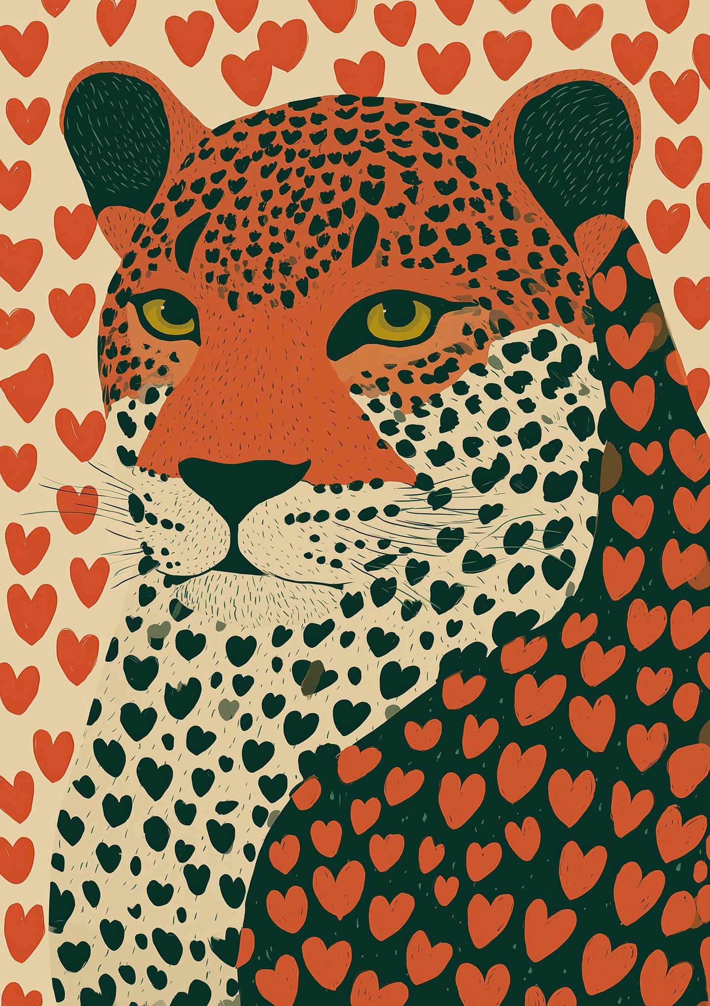 Leopard with Hearts Print, Cream Animal Wall Art