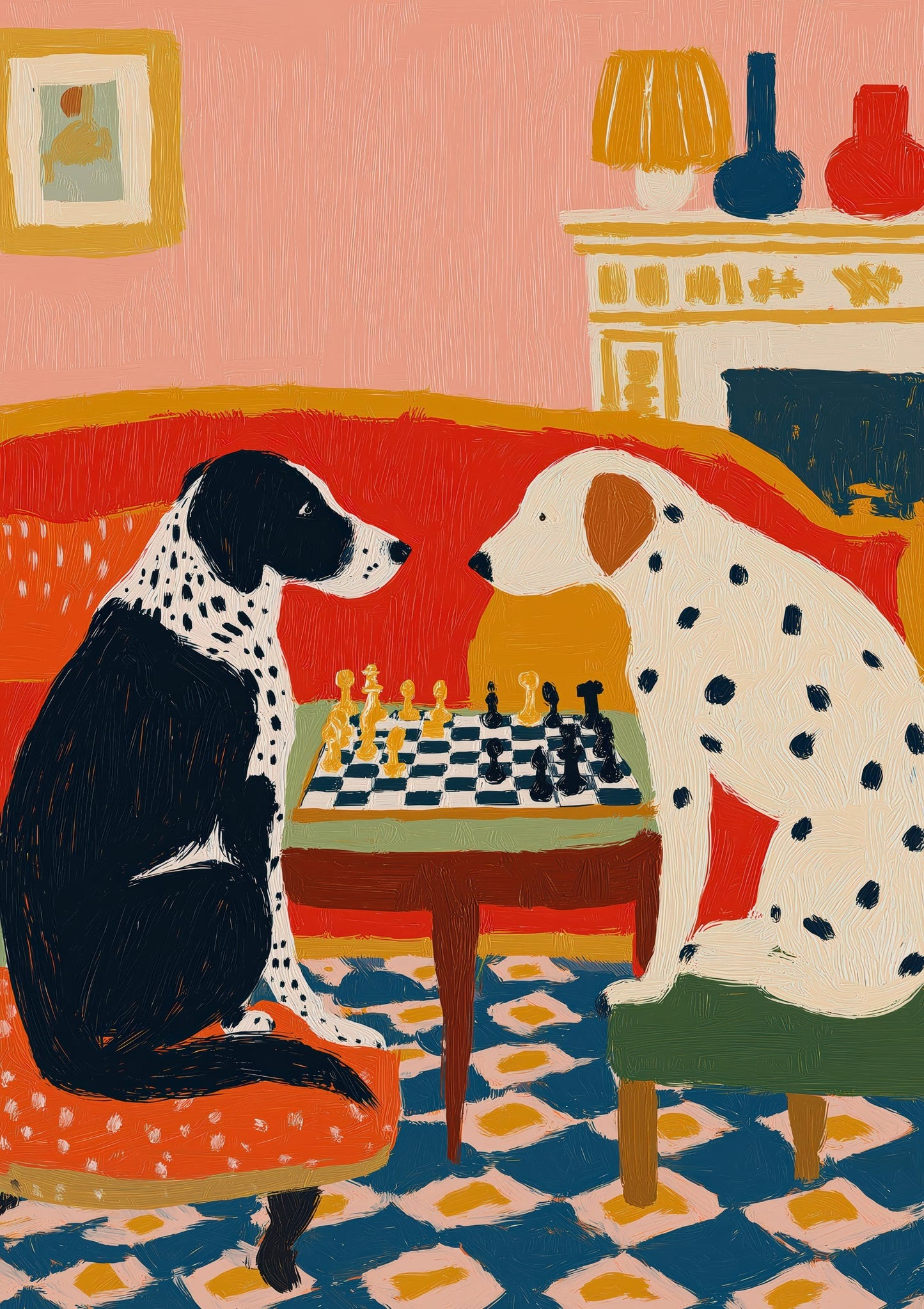 Cats and Dogs Playing Chess Print, Whimsical Animal Wall Art