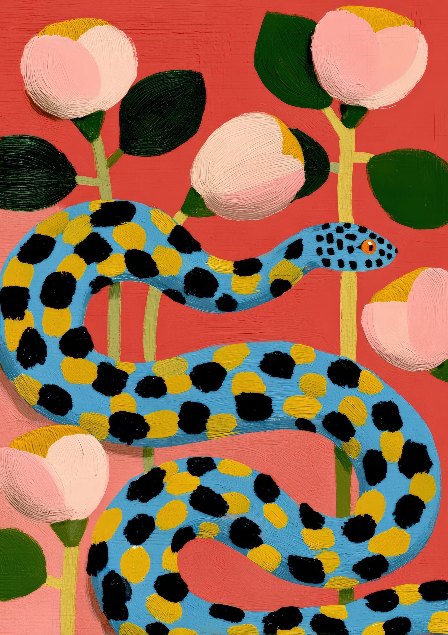 Pink Snake and Flowers Print, Bold Botanical Animal Wall Art