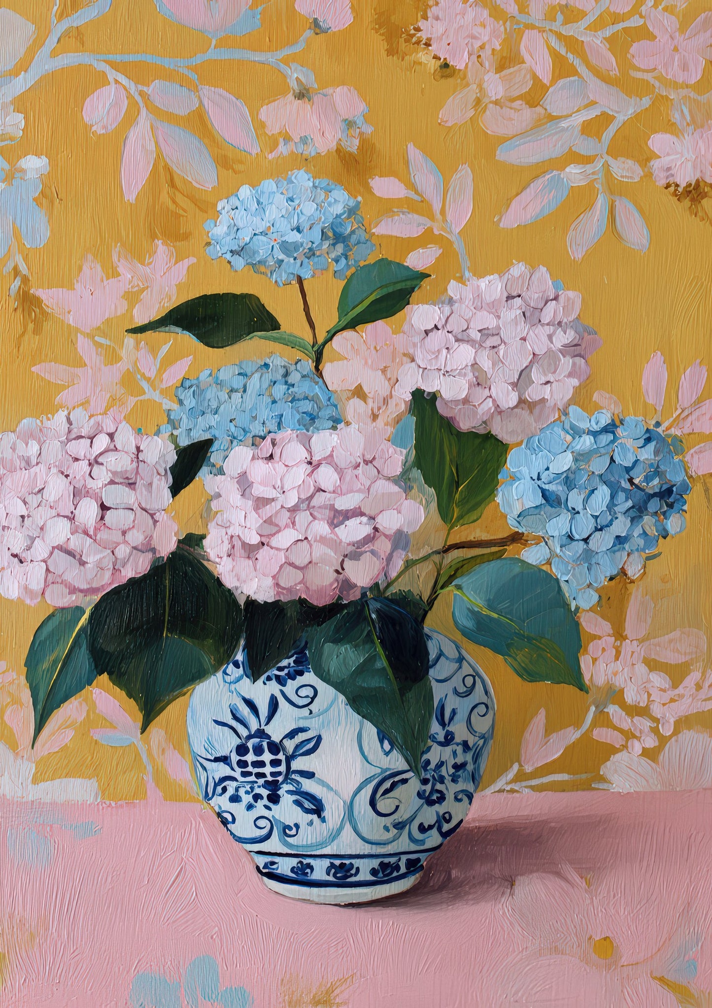 Hydrangea Chinoiserie Print, Blue and White Floral Wall Art