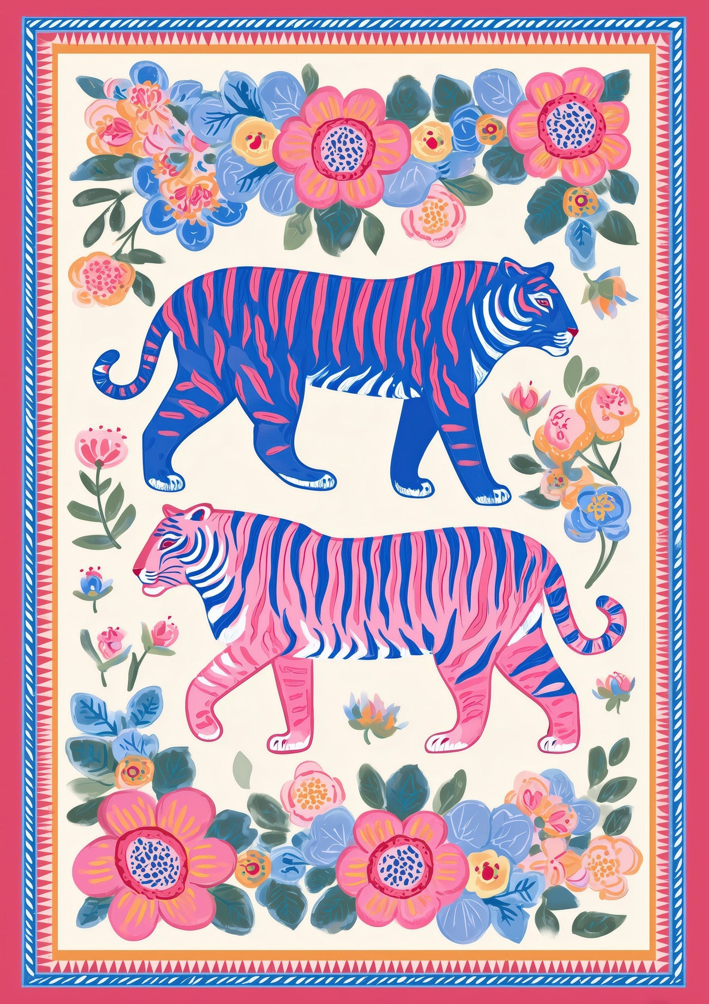 Blue Folk Tigers Print, Symmetrical Animal Wall Art