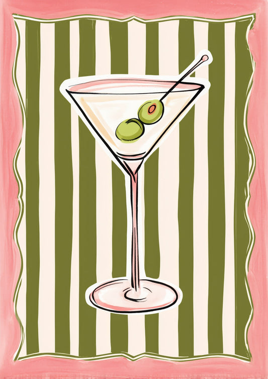 Martini Print, Green Stripe Cocktail Wall Art