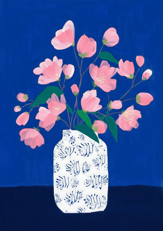 Pink Blooms in a Blue Vase Print, Folk Floral Wall Art