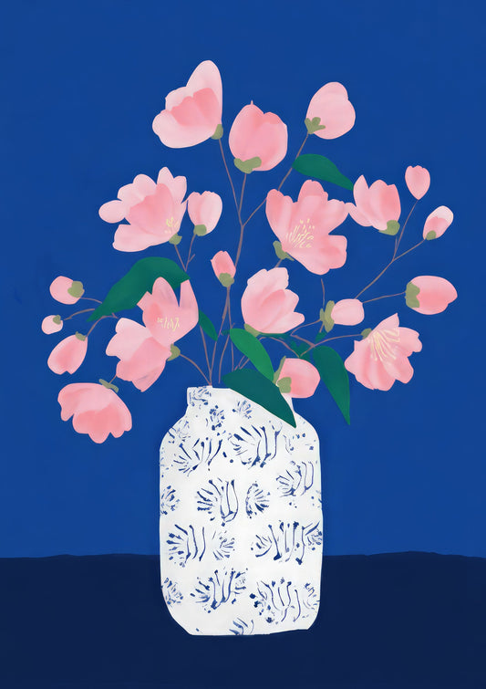 Pink Flowers in a White Vase Print, Folk Floral Wall Art