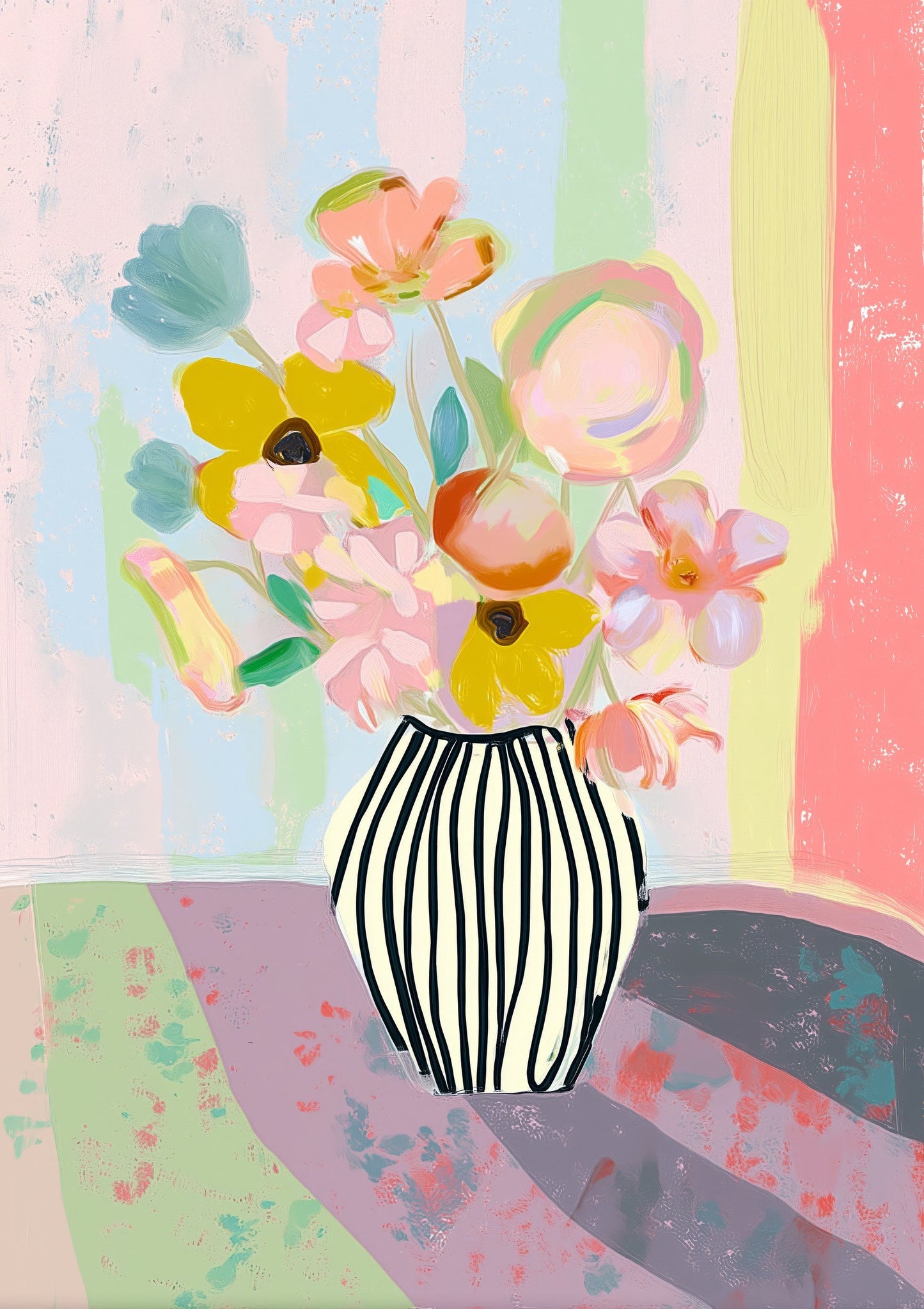 Black Vase Bouquet Print, Folk Floral Wall Art