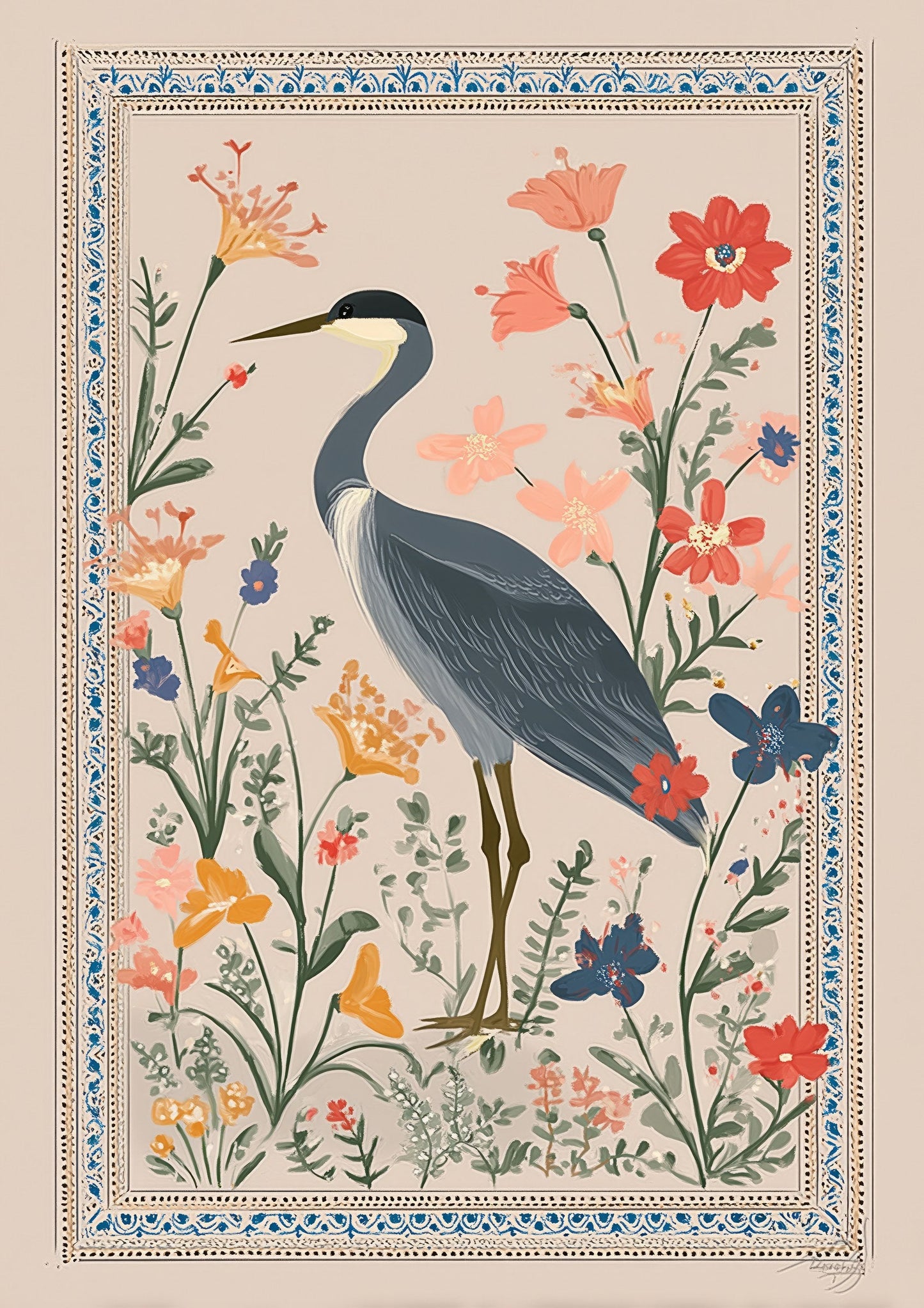 Heron Print, Blue Folk Botanical Wall Art