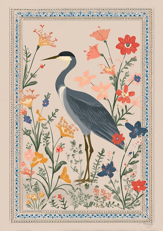 Heron Print, Blue Folk Botanical Wall Art