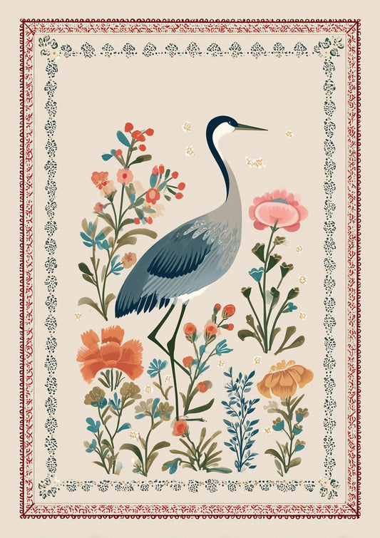 Crane Print, Folk Botanical Wall Art