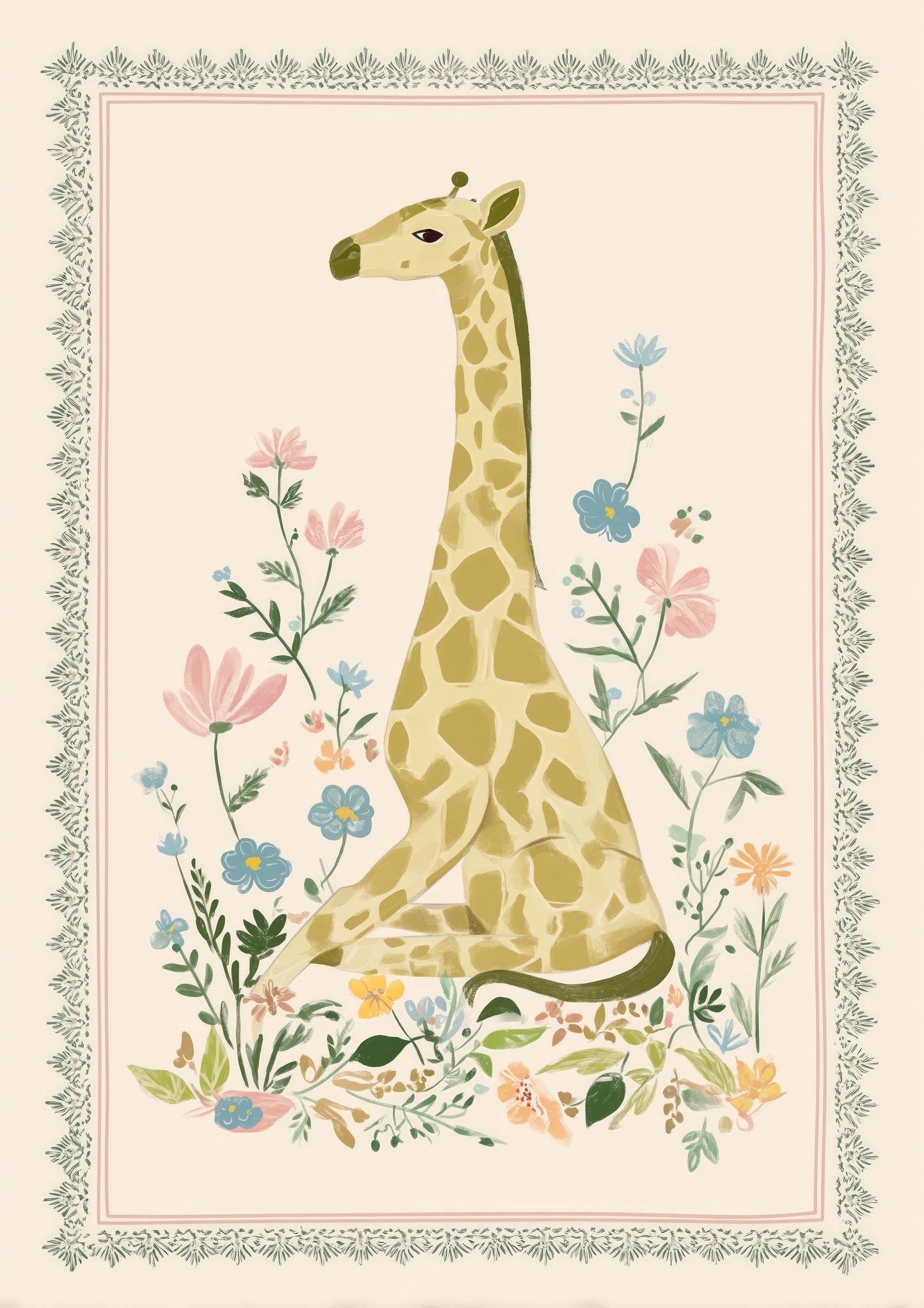 Giraffe Print, Folk Floral Wall Art