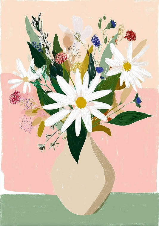 Daisy Bouquet Print, Folk Floral Wall Art