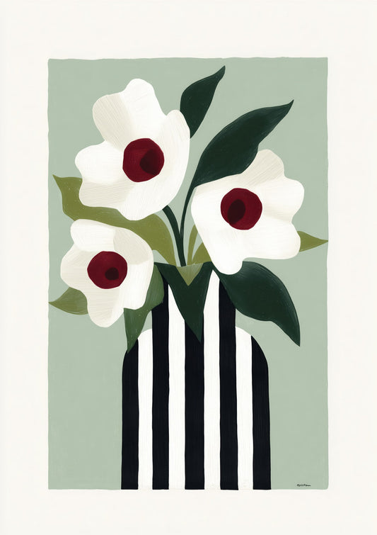 White Anemone Print, Striped Vase Floral Wall Art