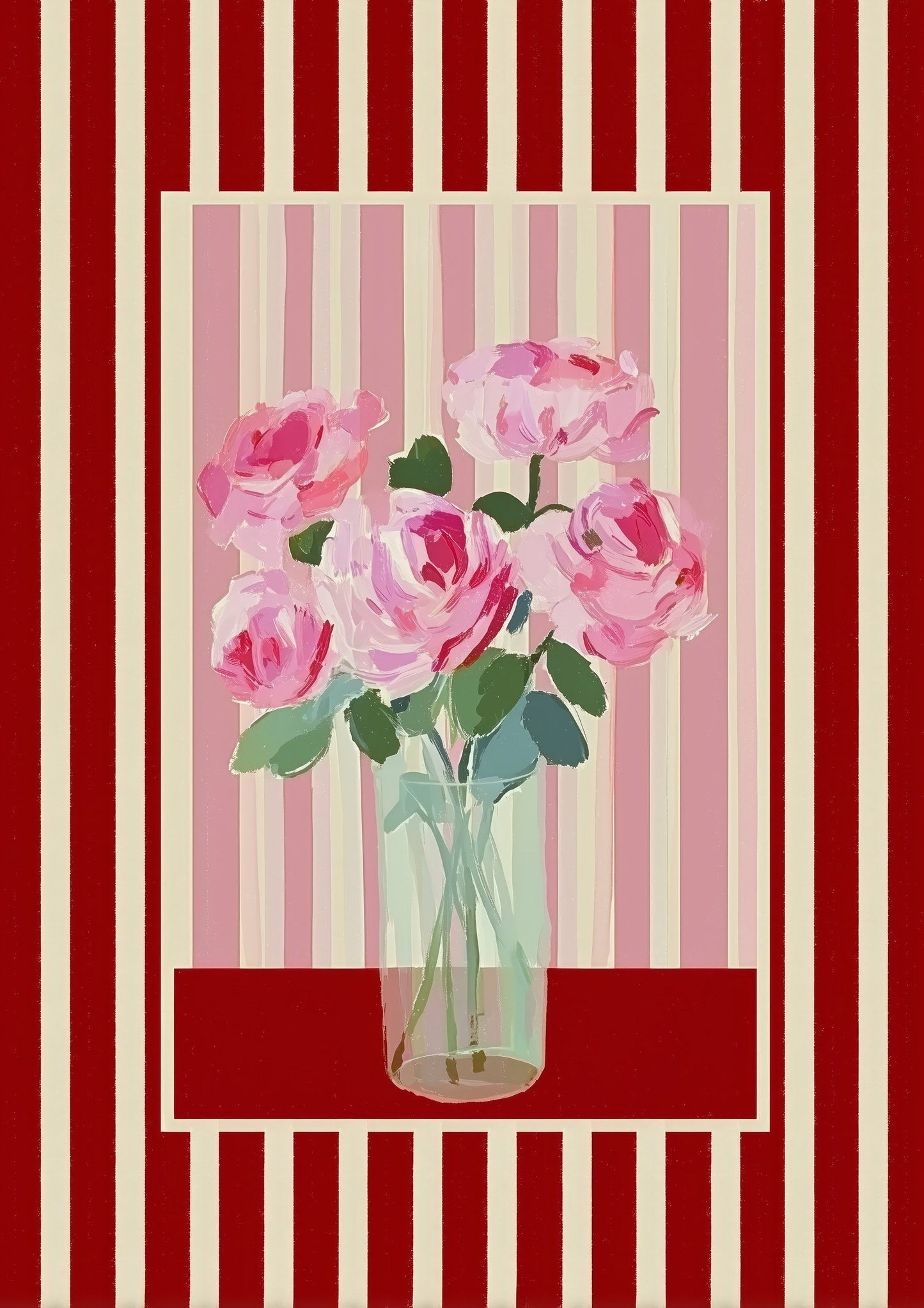 Pink Roses Print, Striped Floral Wall Art