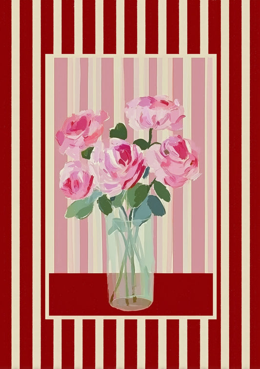 Pink Roses Print, Striped Floral Wall Art