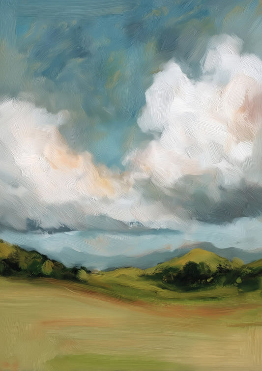 Cloudy Meadow Print, Painterly Landscape Wall Art