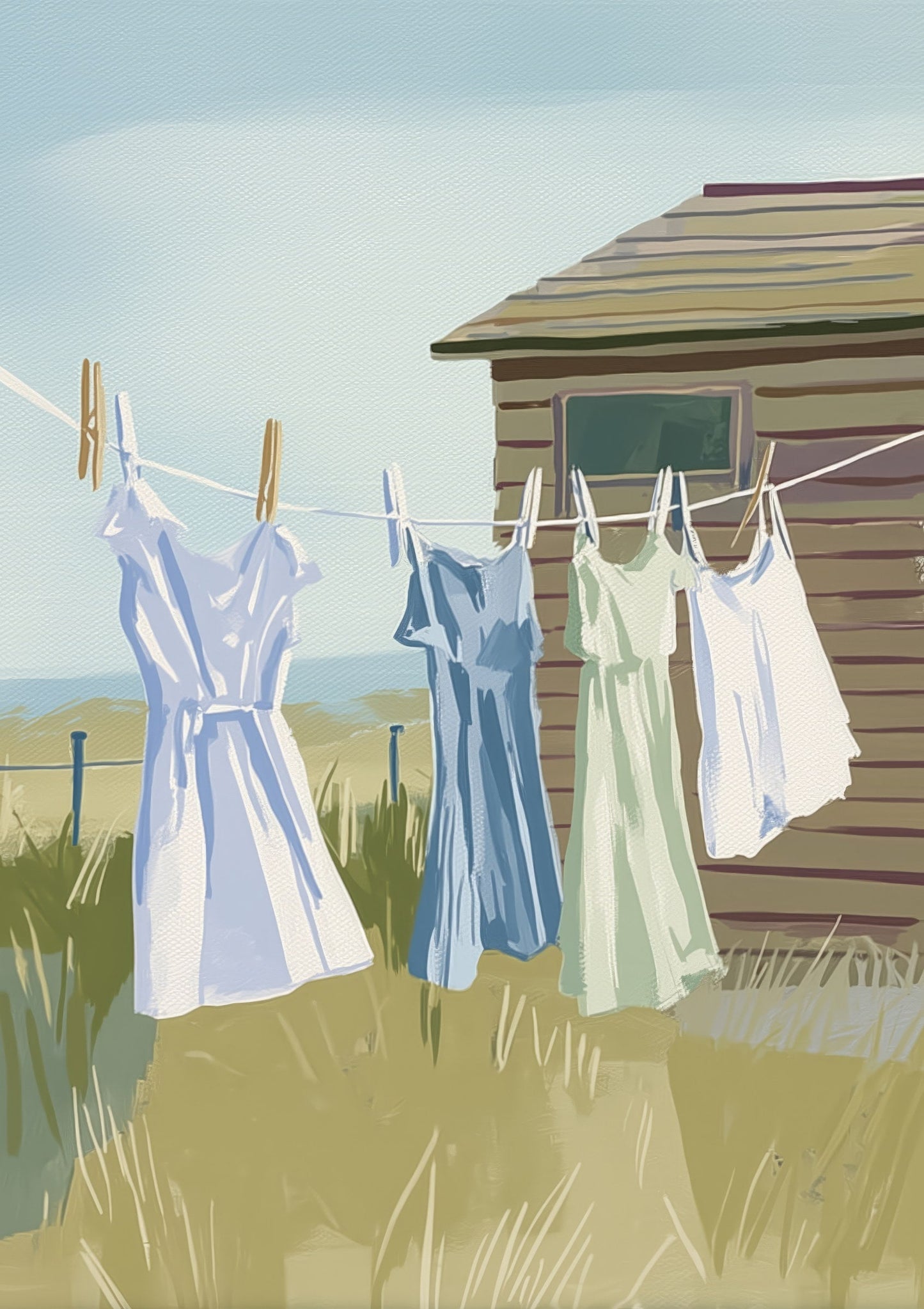 Laundry Line Print, Coastal Countryside Wall Art