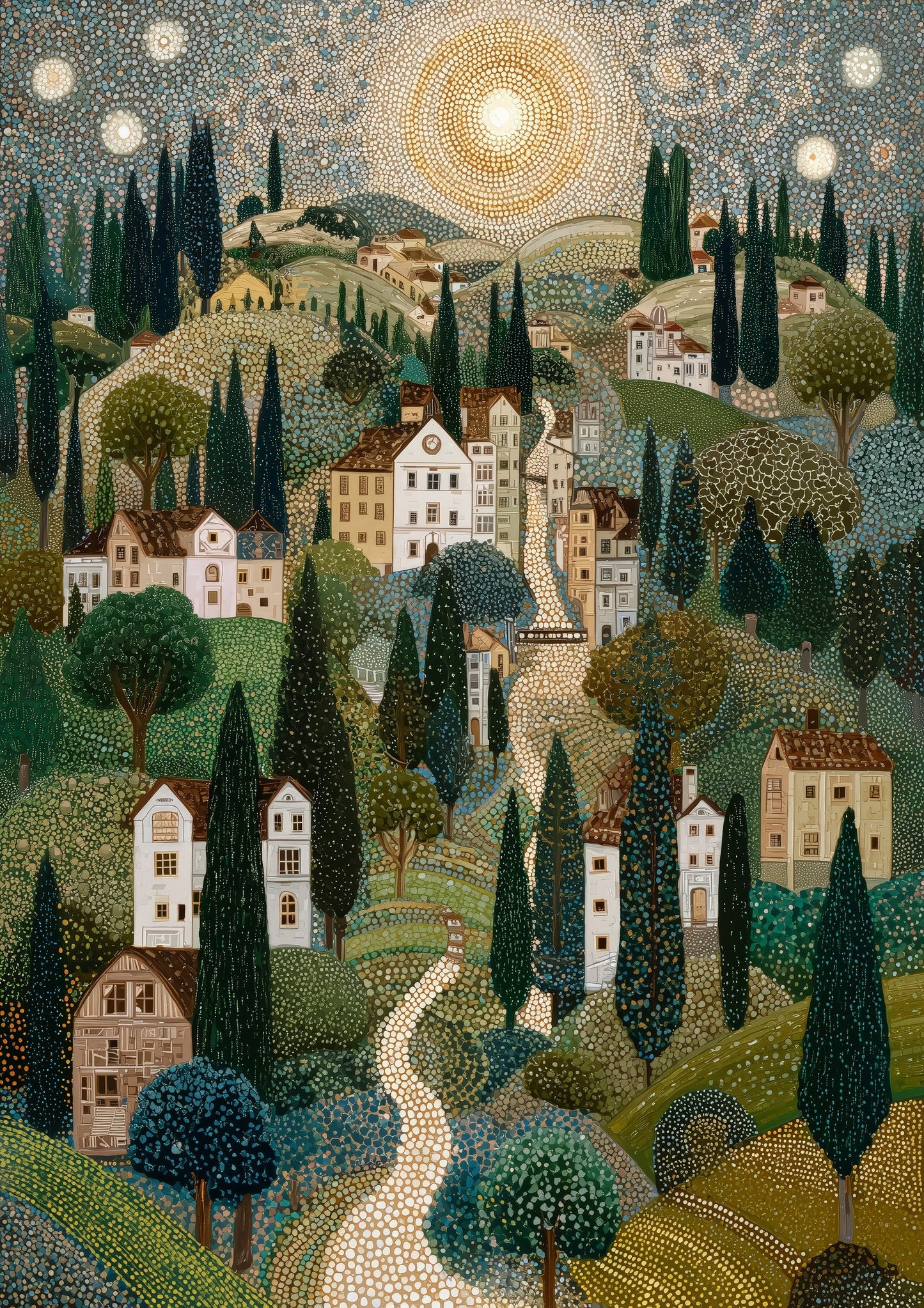 Tuscan Village Print, Folk Landscape Wall Art