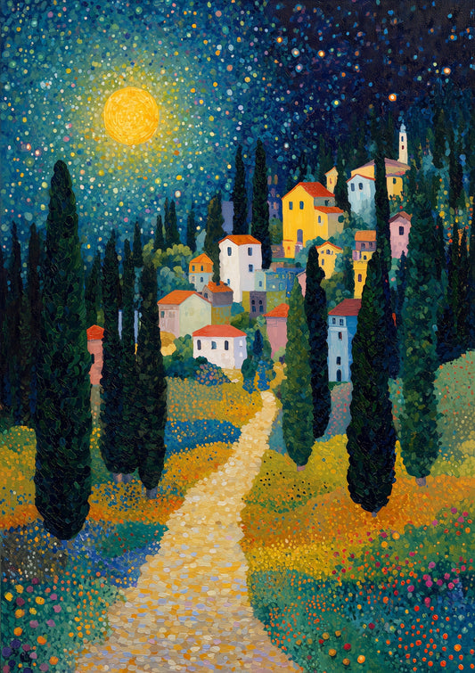 Tuscan Night Print, Folk Landscape Wall Art