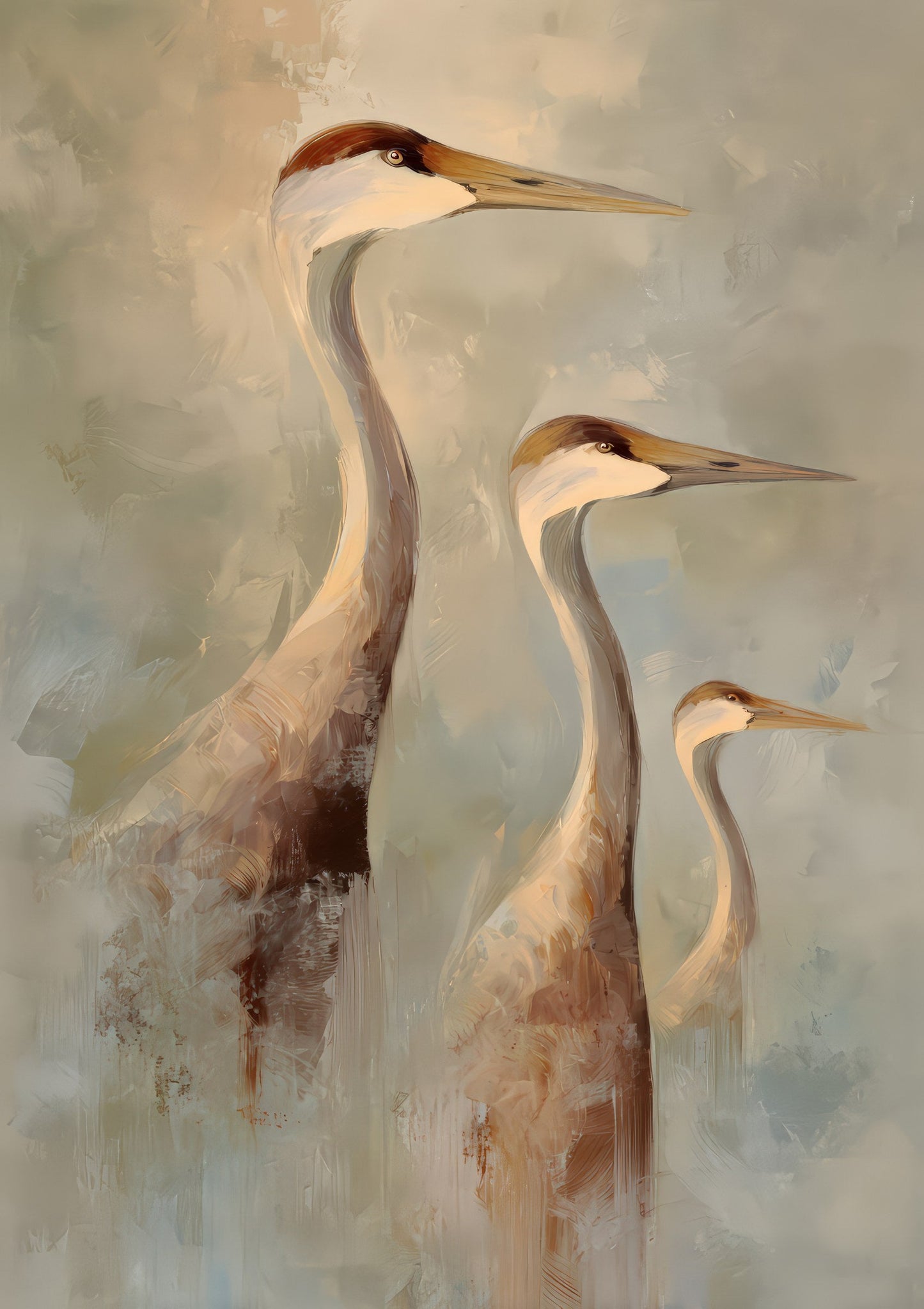 Three Cranes Print, Painterly Bird Wall Art