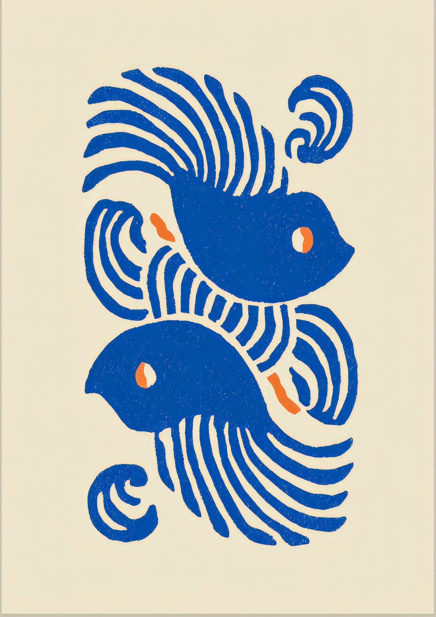 Blue Fish Print, Folk Animal Wall Art