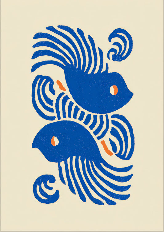 Blue Fish Print, Folk Animal Wall Art