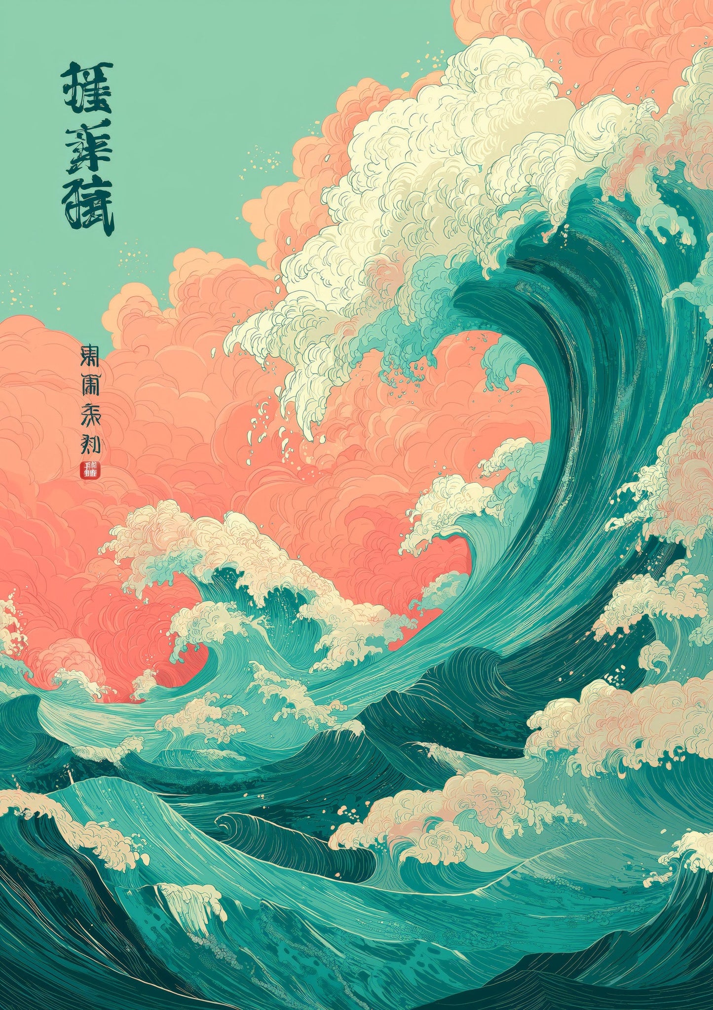 Wave and Red Sky Print, Japanese Wall Art