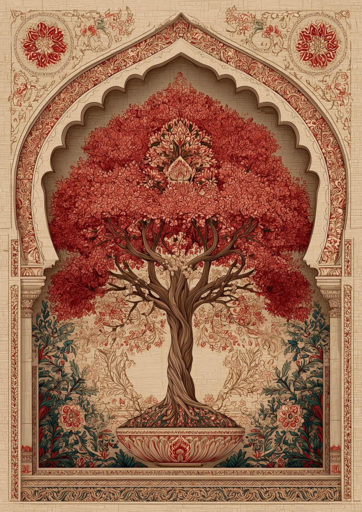 Red Tree Print, Indo-Persian Wall Art