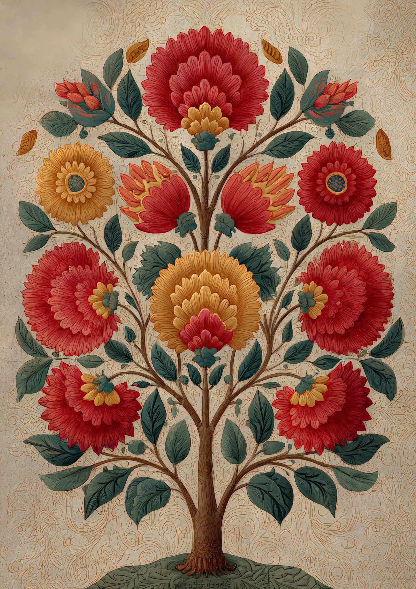 Folk Tree of Life Print, Red Floral Wall Art