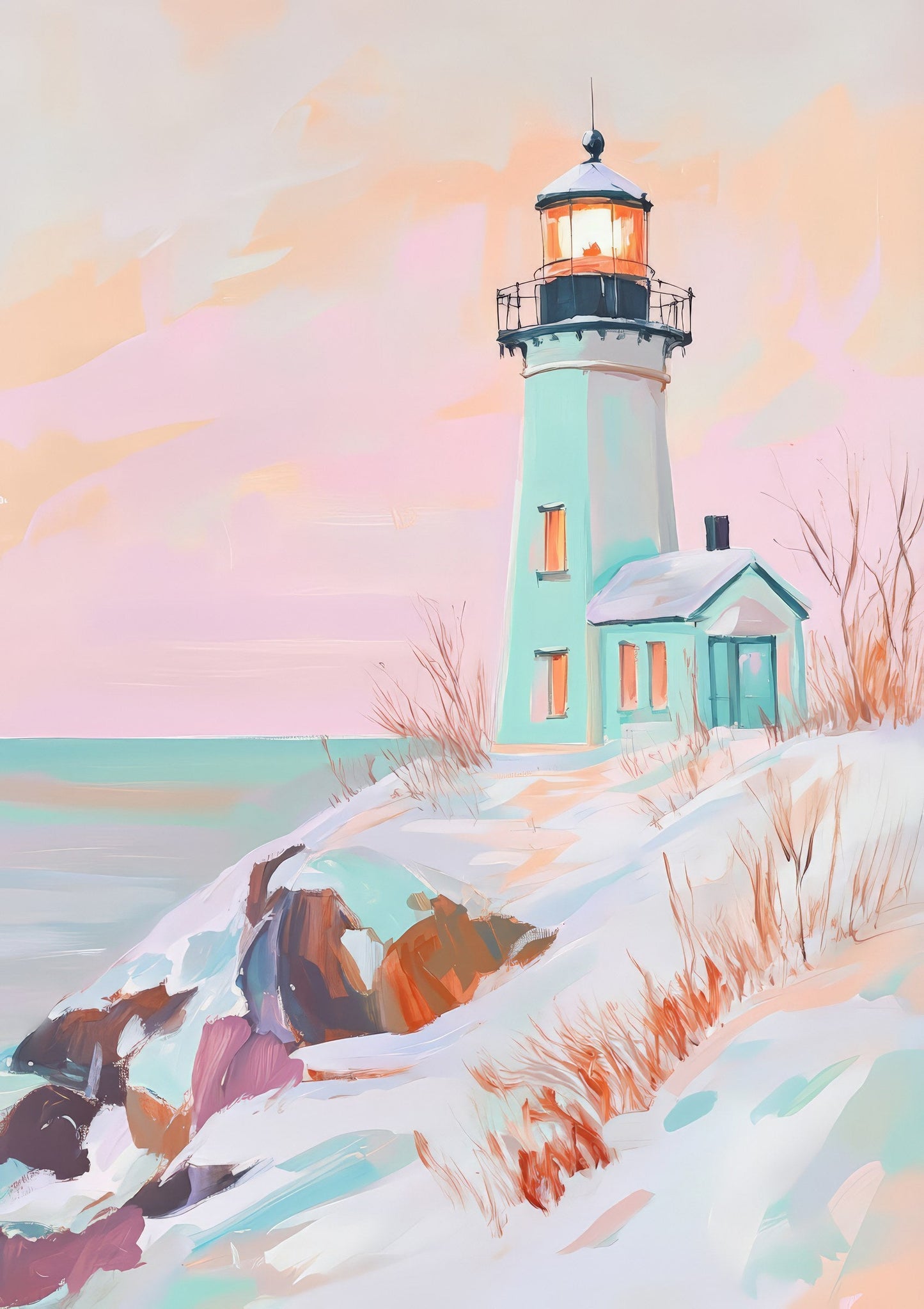 Lighthouse Print, Pink Coastal Wall Art