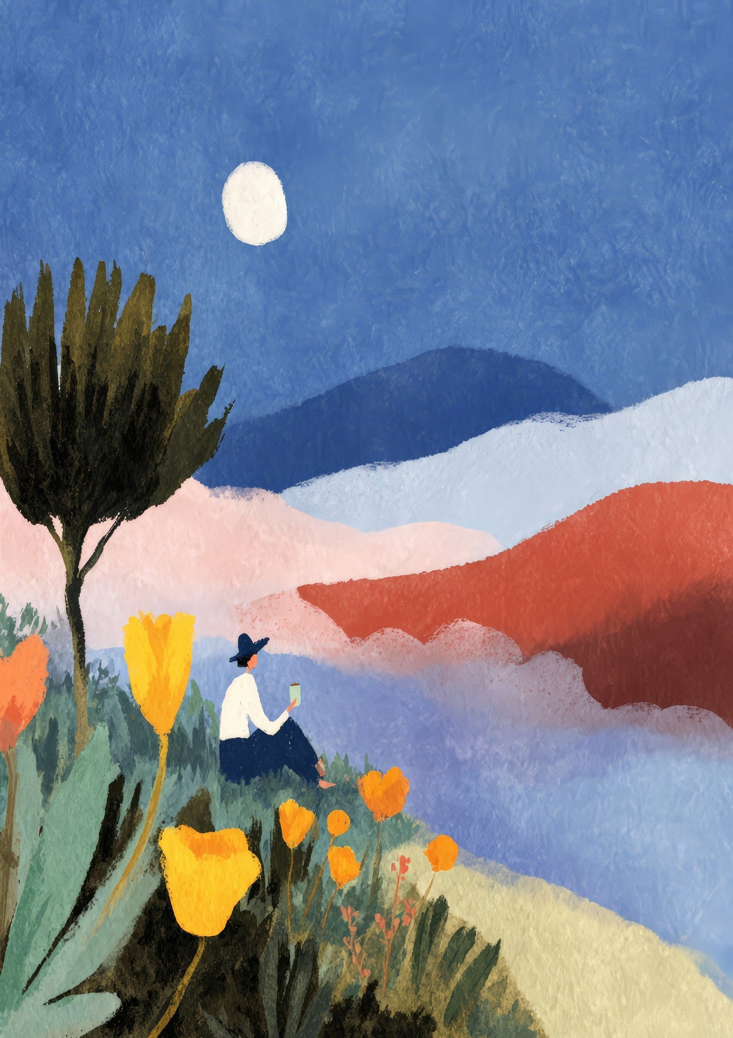 Moonlit Meadow Print, Folk Landscape Wall Art