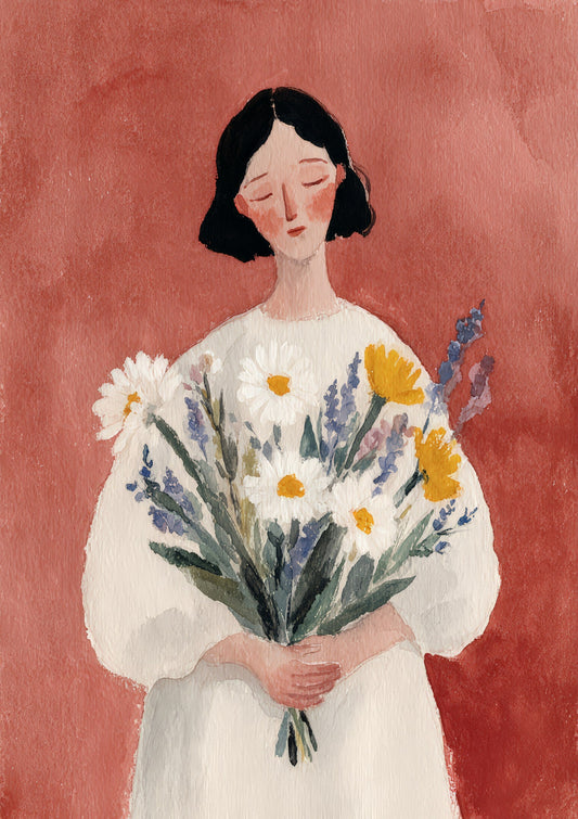 Woman with Flowers Print, Painterly Wall Art