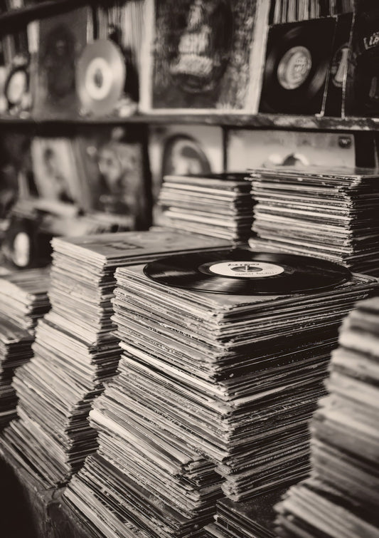 Vinyl Records Print, Black and White Music Wall Art