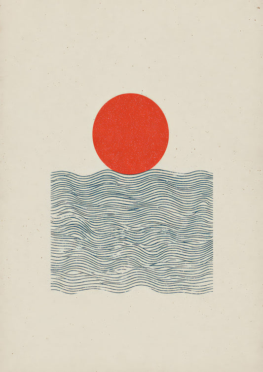 Red Sun and Waves Print, Minimalist Coastal Wall Art
