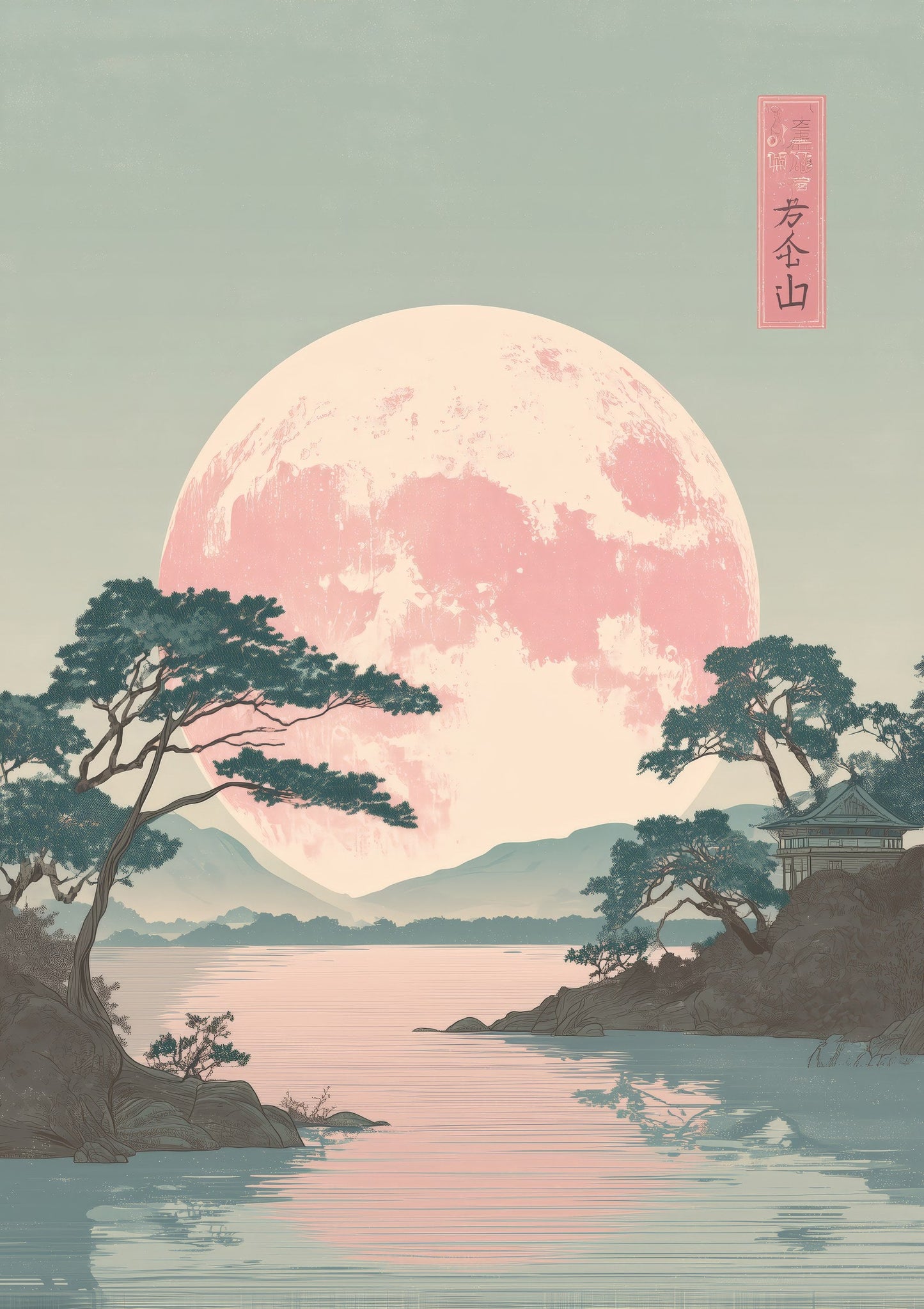Pink Moon Print, Japanese Landscape Wall Art