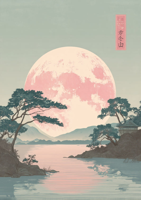 Pink Moon Print, Japanese Landscape Wall Art